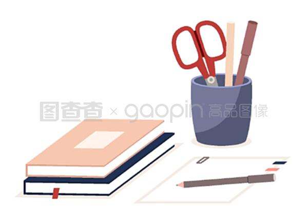 筆架、書籍、紙制辦公設備。剪刀、垂直塑料箱中的鉛筆。辦公和家庭用品文具和教育。矢量插圖平鋪式白色背景。筆架、書籍、紙制辦公設備。剪刀、鋼筆或鉛筆在白色垂直塑料箱中